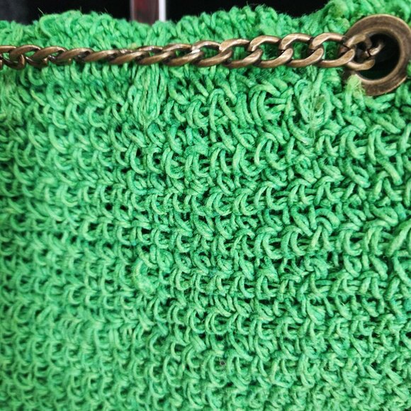 PARFOIS Green Jute Crocheted Crossbody Purse W/Antique Brass Chain Strap - Picture 4 of 13